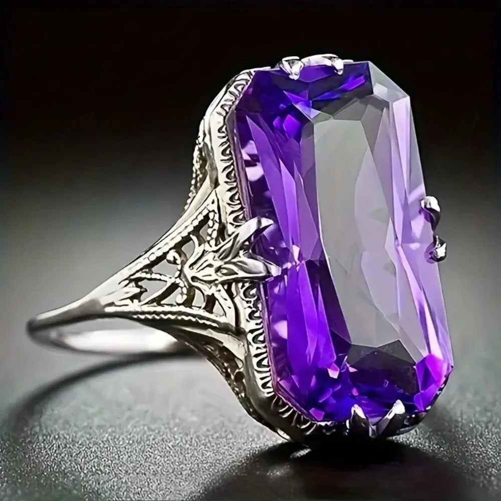 Men's Fashionable Purple Square Zirconia Ring - Perfect for Casual Wear Size 10